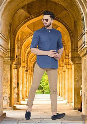 Blue Solid Linen Kurta For Men