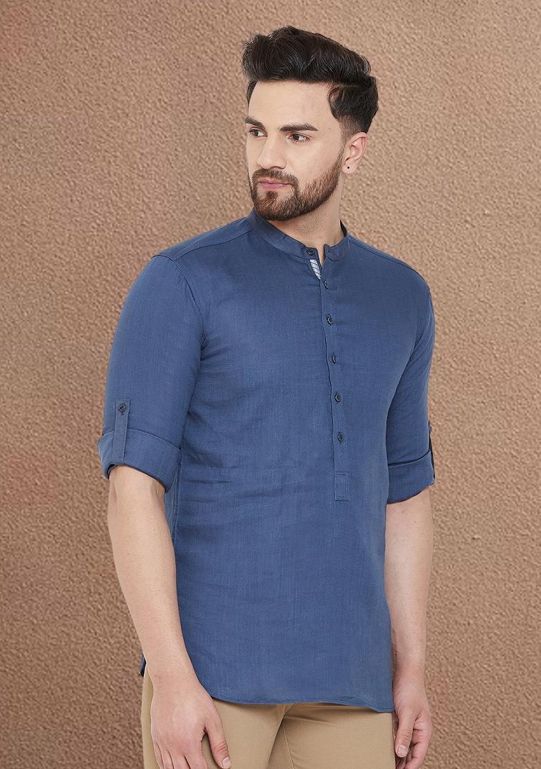 Blue Solid Linen Kurta For Men - Indya