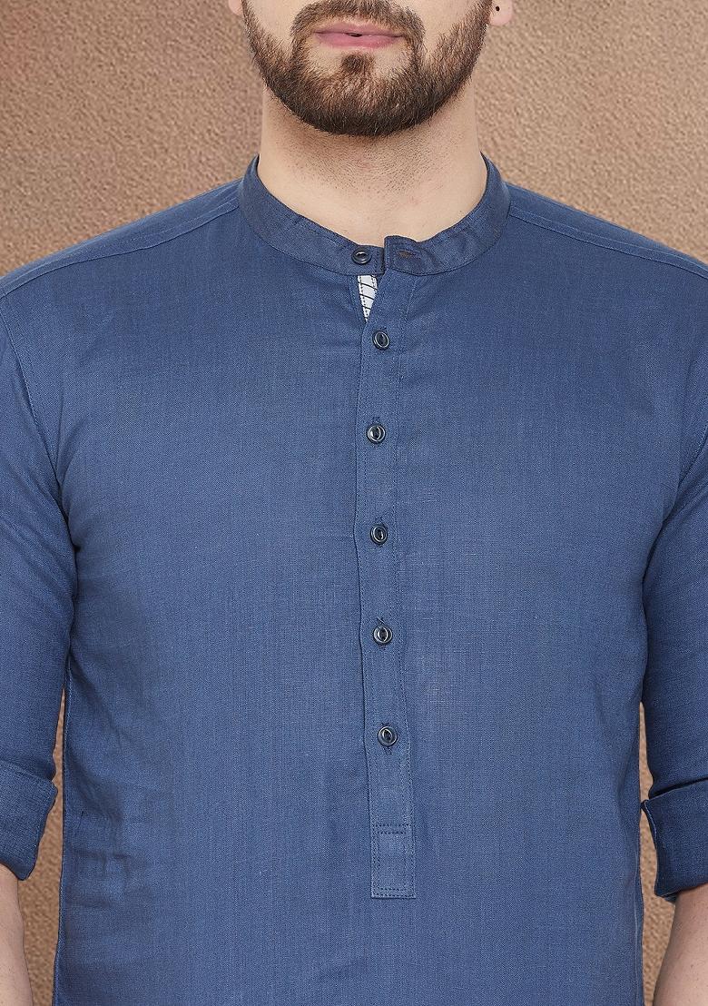 Blue Solid Linen Kurta For Men - Indya