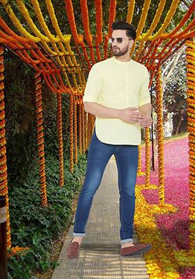 Yellow Solid Cotton Kurta For Men