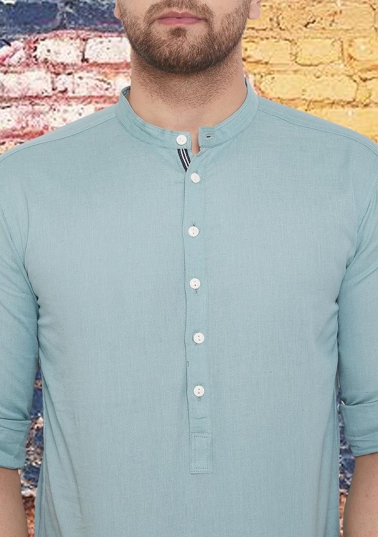 Green Solid Cotton Kurta For Men - Indya