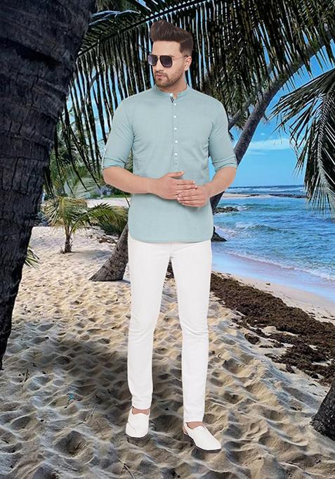 Green Solid Cotton Kurta For Men