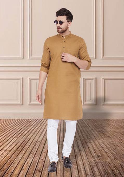 Beige Solid Cotton Kurta For Men