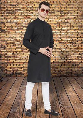 Black Solid Cotton Kurta For Men