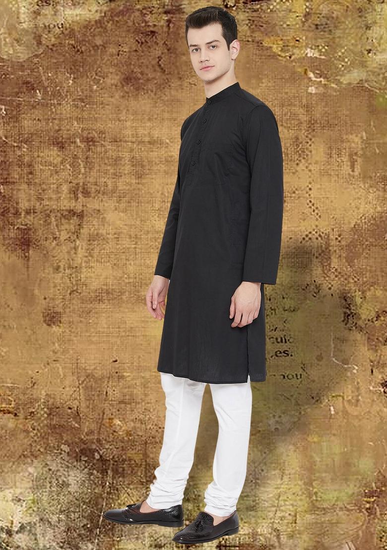 Black Solid Cotton Kurta For Men - Indya