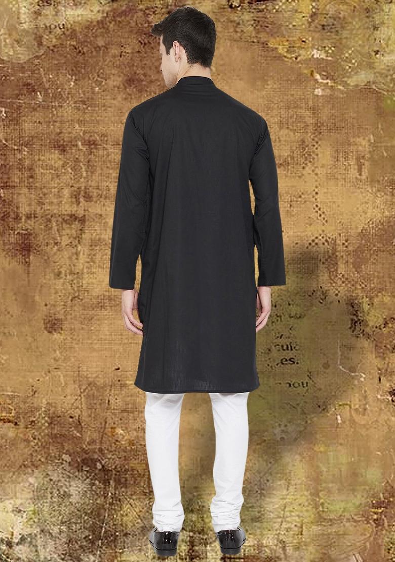Black Solid Cotton Kurta For Men - Indya