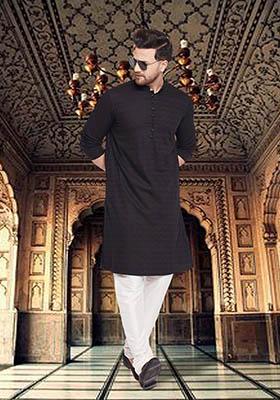 Black Solid Viscose Kurta For Men