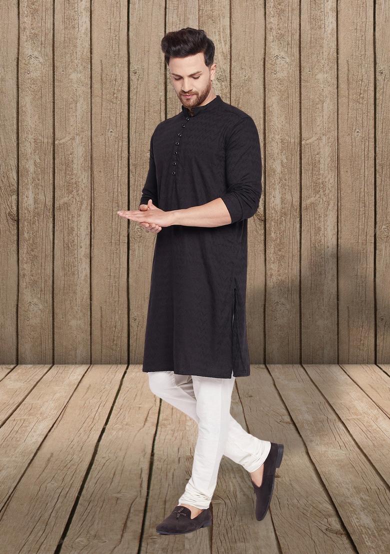 Black Solid Viscose Kurta For Men - Indya