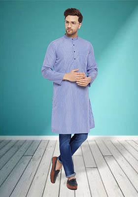 Blue Solid Cotton Kurta For Men