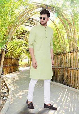 Green Solid Cotton Kurta For Men