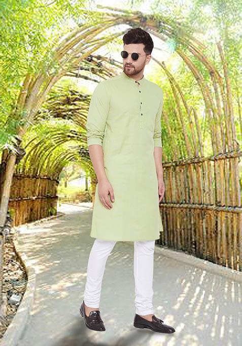 Green Solid Cotton Kurta For Men