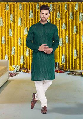 Green Solid Linen Kurta For Men