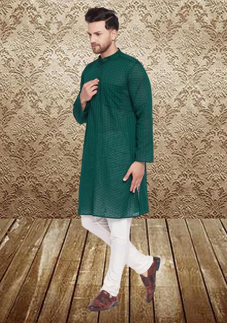 Green Solid Linen Kurta For Men - Indya