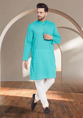Green Solid Cotton Kurta For Men