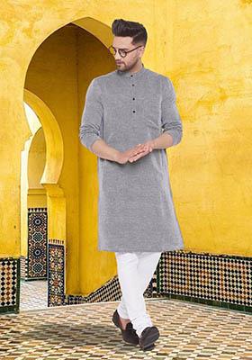 Grey Solid Cotton Kurta For Men