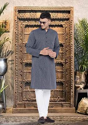 Grey Solid Cotton Kurta For Men