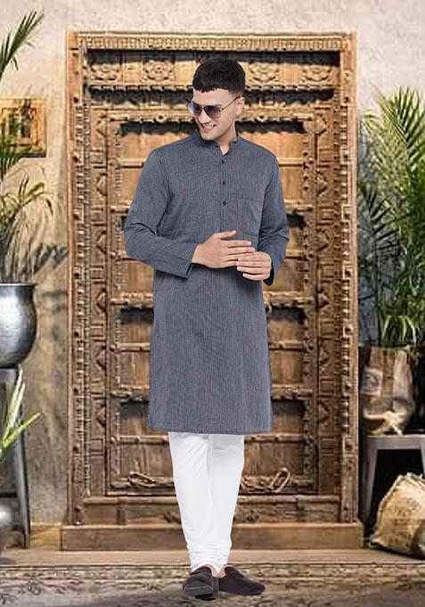 Grey Solid Cotton Kurta For Men
