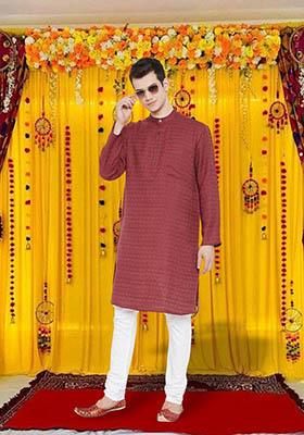 Maroon Solid Viscose Kurta For Men