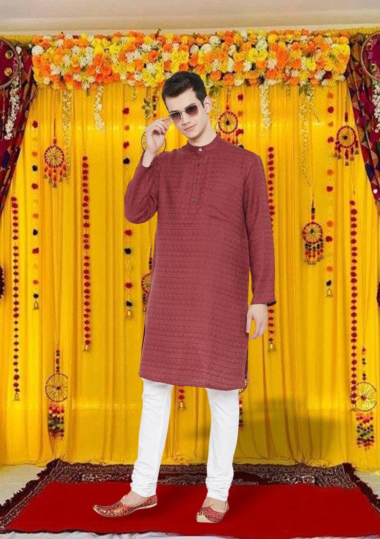 Maroon Solid Viscose Kurta For Men
