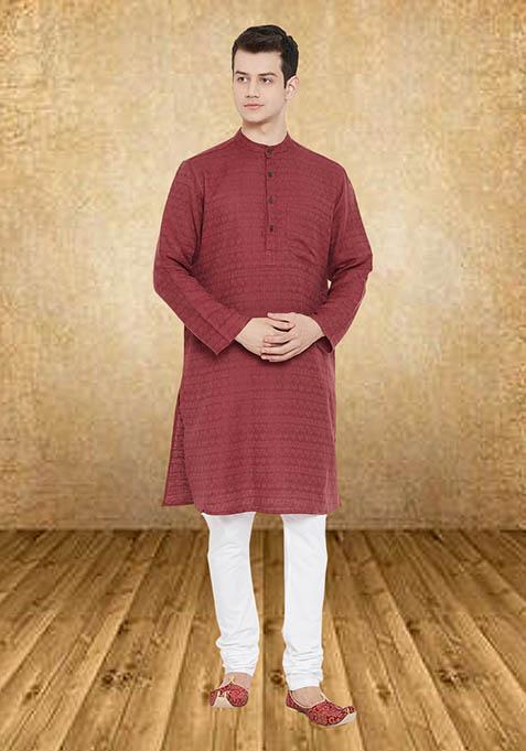 Maroon Solid Viscose Kurta For Men