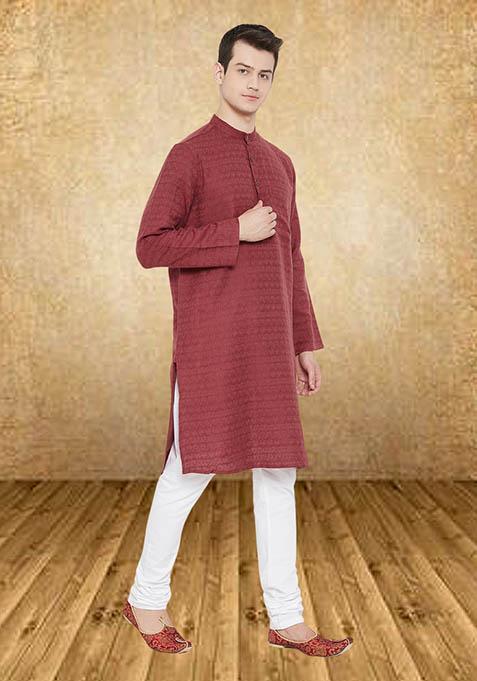 Maroon Solid Viscose Kurta For Men