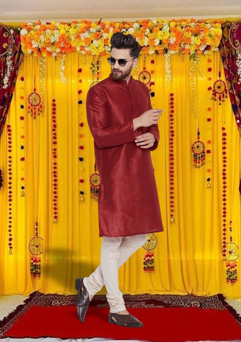 Maroon Solid Silk Kurta For Men