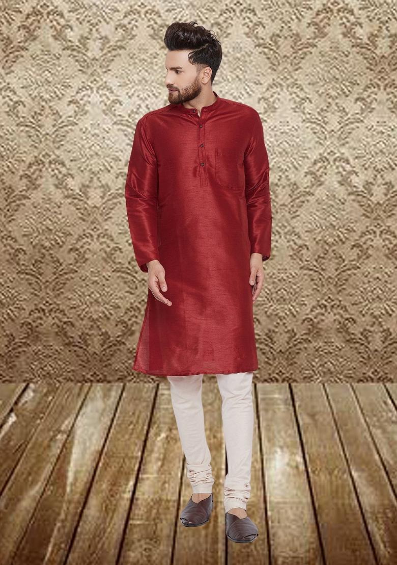 Maroon Solid Silk Kurta For Men