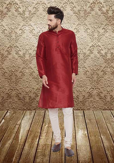 Maroon Solid Silk Kurta For Men