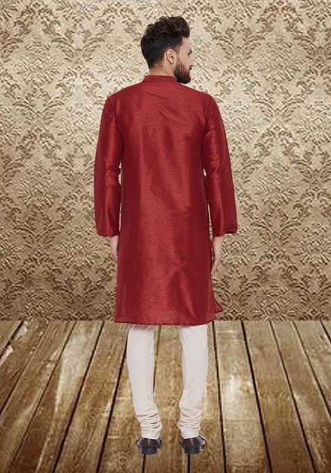 Maroon Solid Silk Kurta For Men