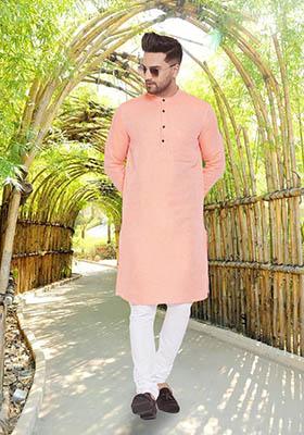 Orange Solid Cotton Kurta For Men