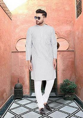 White Solid Cotton Kurta For Men