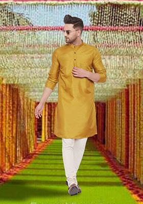 Beige Solid Silk Kurta For Men