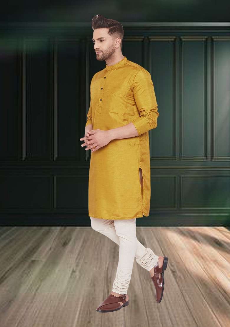Beige Solid Silk Kurta For Men - Indya