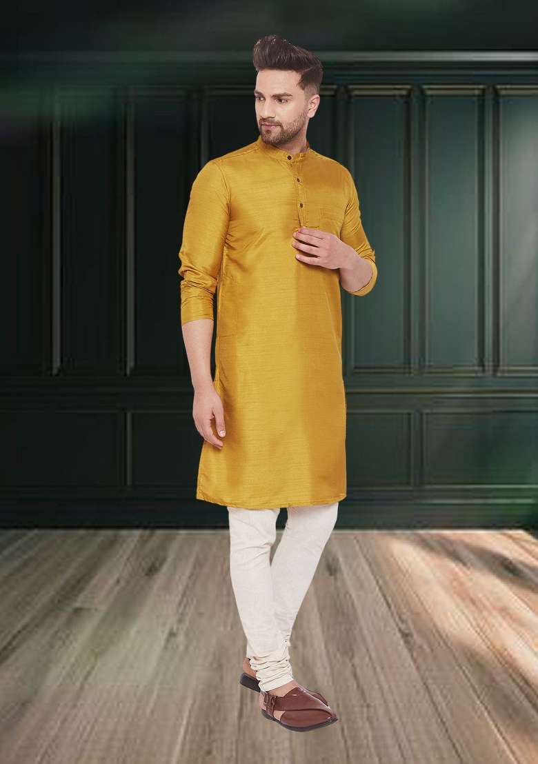 Beige Solid Silk Kurta For Men - Indya