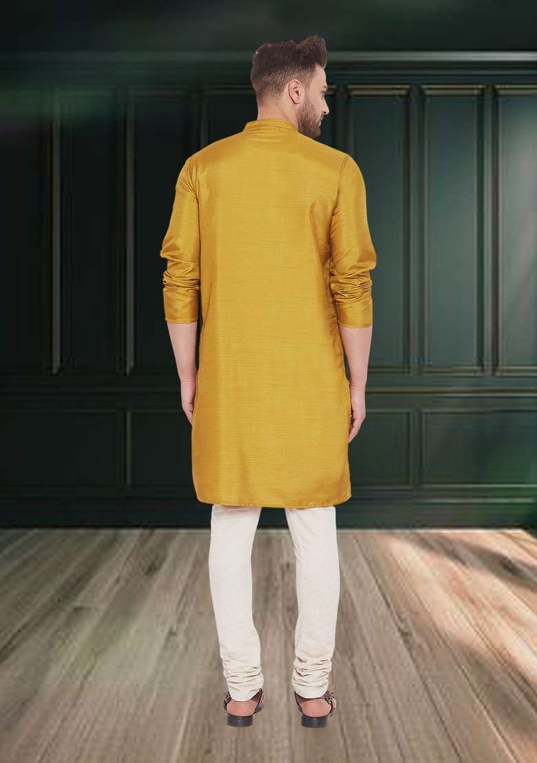 Beige Solid Silk Kurta For Men - Indya