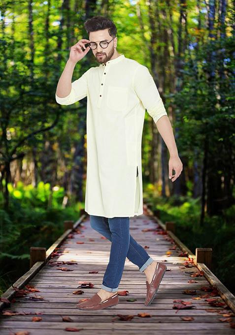 Yellow Solid Cotton Kurta For Men