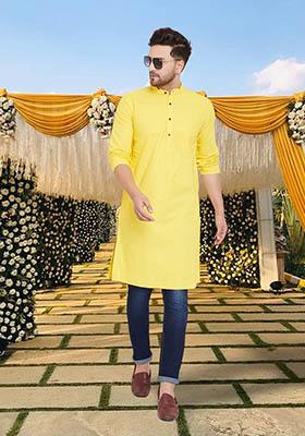 Yellow Solid Cotton Kurta For Men