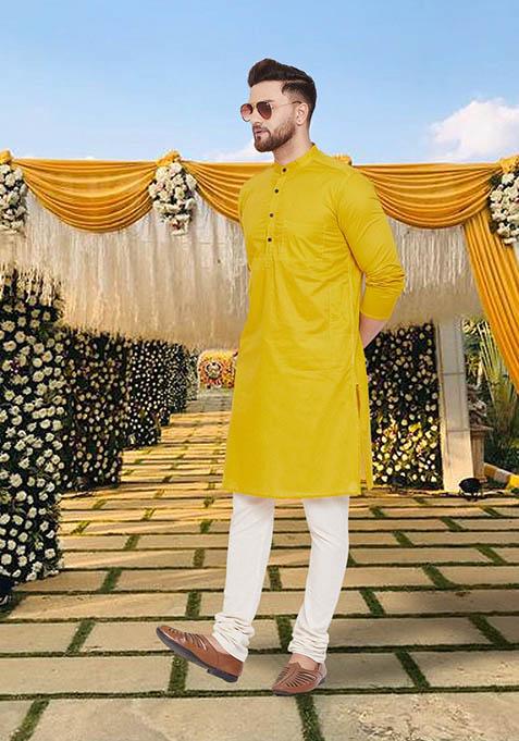 Yellow Solid Cotton Kurta For Men