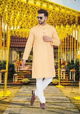 Yellow Solid Cotton Kurta For Men