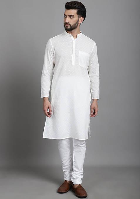 Green Hand Embroidered Cotton Kurta For Men