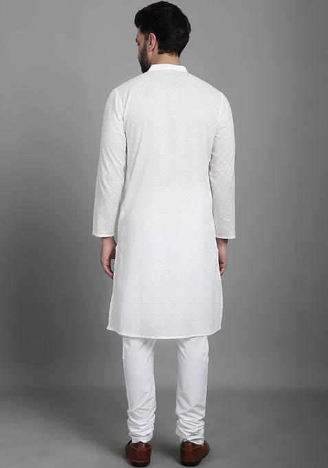 Green Hand Embroidered Cotton Kurta For Men