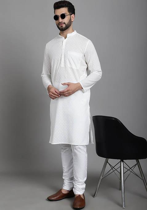 Green Hand Embroidered Cotton Kurta For Men
