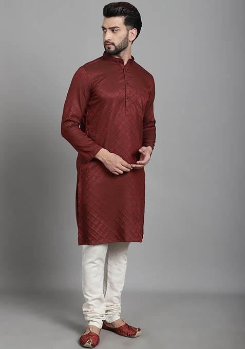 Green Hand Embroidered Cotton Kurta For Men