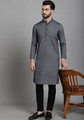 Yellow Hand Embroidered Cotton Kurta For Men