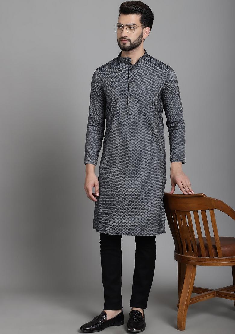 Yellow Hand Embroidered Cotton Kurta For Men