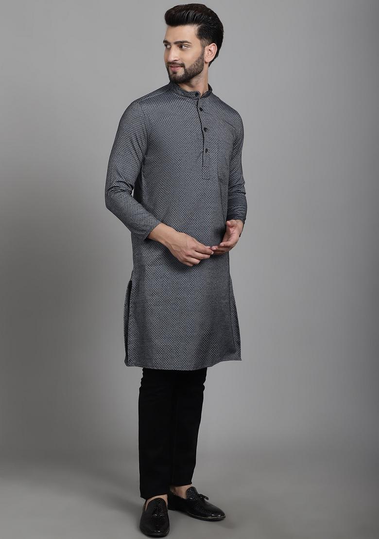 Yellow Hand Embroidered Cotton Kurta For Men