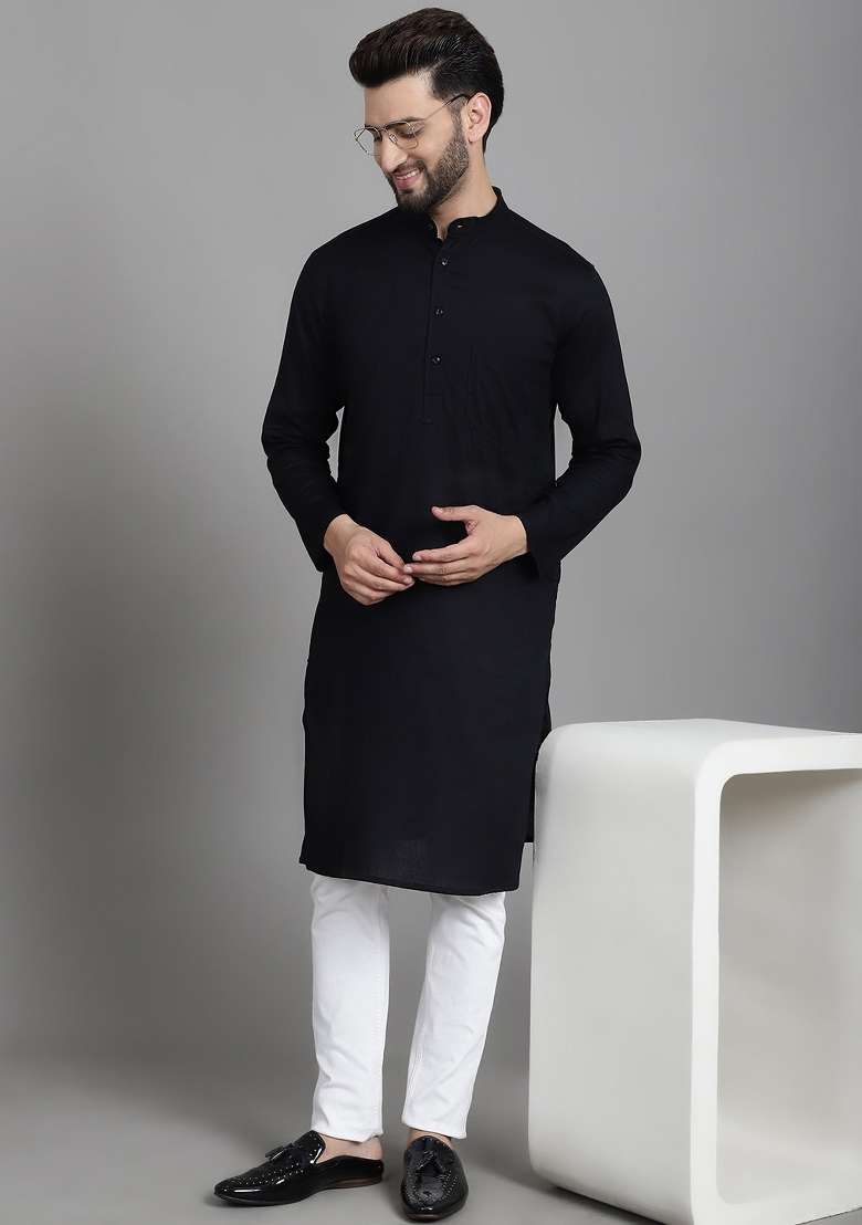 Blue Hand Embroidered Cotton Kurta For Men - Indya