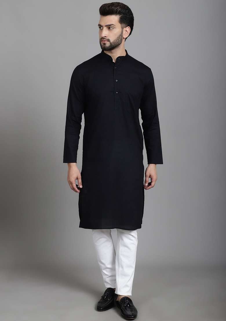 Blue Hand Embroidered Cotton Kurta For Men - Indya