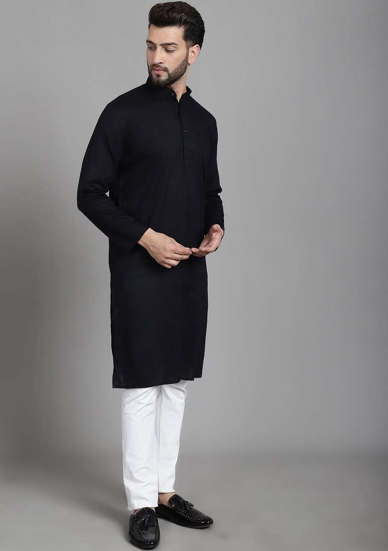 Blue Hand Embroidered Cotton Kurta For Men - Indya