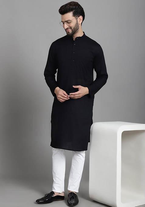 Blue Hand Embroidered Cotton Kurta For Men